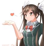  1girl black_hair blowing_kiss bow bowtie brown_eyes green_shirt heart kantai_collection long_hair military_uniform one-hour_drawing_challenge ray.s red_bow red_bowtie shirt simple_background solo tone_(kancolle) tone_kai_ni_(kancolle) uniform upper_body white_background 