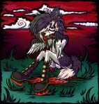 ambiguous_gender anthro blood bodily_fluids boots canid canine clothed clothing detailed_background emo footwear goth grass mammal outside plant sitting solo spitthesauce