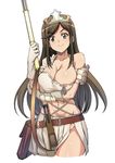  &gt;:) aisha_(ash) archaic_sealed_heat areolae armor ash_(game) bangs belt breast_hold breasts brown_eyes brown_hair bustier cowboy_shot eyebrows_visible_through_hair gloves halter_top halterneck hand_on_own_arm holding_arm large_breasts long_hair looking_at_viewer midriff miniskirt navel ribbon_trim shunzou side_slit single_bare_shoulder skirt solo swept_bangs tiara v-shaped_eyebrows weapon white_background white_gloves white_skirt 