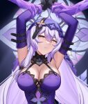  1girl absurdres arm_belt armpits arms_up bare_shoulders black_gloves black_swan_(honkai:_star_rail) breasts cleavage commentary_request dress elbow_gloves gloves highres honkai:_star_rail honkai_(series) keine09 large_breasts long_hair looking_at_viewer parted_lips purple_dress purple_hair sleeveless sleeveless_dress upper_body veil very_long_hair yellow_eyes 