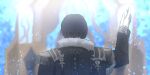  1boy arm_up black_jacket blurry blurry_background chihuri depth_of_field emet-selch epaulettes facing_away final_fantasy final_fantasy_xiv from_behind fur-trimmed_jacket fur_trim gloves highres jacket long_sleeves male_focus solo upper_body white_gloves 