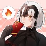  1girl ahoge bags_under_eyes black_capelet black_gloves blush box capelet chain closed_mouth commentary_request fate/grand_order fate_(series) fire fjfs522 gift gift_box gloves headpiece highres holding holding_gift jeanne_d&#039;arc_alter_(avenger)_(fate) jeanne_d&#039;arc_alter_(fate) short_hair solo speech_bubble valentine white_hair yellow_eyes 