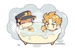  2boys bathing bathtub black_headwear blonde_hair chibi chibi_only dio_brando holding jitome jojo_no_kimyou_na_bouken kotorai kujo_jotaro male_focus multiple_boys no_mouth no_nose nude rubber_duck signature steam stitched_neck stitches 