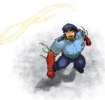  1boy bara chasing colored_skin facial_hair feathers forked_eyebrows from_above full_body glasses goatee gradient_skin hachimaki headband hermes_(housamo) large_pectorals long_sideburns male_focus mature_male muscular muscular_male mutton_chops nejiri_hachimaki pants pectorals police police_uniform policeman red_skin short_hair sideburns solo standing tajikarao_(housamo) thick_eyebrows tokyo_afterschool_summoners tsuna_(so_da77) tusks uniform 