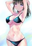  adjusting_hair arms_up bikini breasts brown_hair cleavage cowboy_shot groin highres large_breasts looking_at_viewer navel ogata_tei original parted_lips purple_eyes solo standing swimsuit 