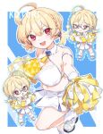  1girl ahoge blonde_hair blue_archive blue_background blush breasts cheerleader chibi cleavage commentary_request glasses highres holding holding_pom_poms kotori_(blue_archive) kotori_(cheer_squad)_(blue_archive) large_breasts looking_at_viewer millennium_cheerleader_outfit_(blue_archive) multiple_views official_alternate_costume open_mouth outside_border plump pom_pom_(cheerleading) red_eyes shoes short_twintails skirt smile socks standing standing_on_one_leg twintails ureshiitime_ki white_footwear white_skirt white_socks 
