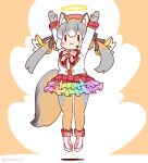  1girl angel angel_wings animal_ears arms_up boots bow bowtie brown_hair coroha extra_ears fox_ears fox_girl fox_tail full_body gloves grey_hair hat island_fox_(kemono_friends) jacket jumping kemono_friends kemono_friends_v_project long_hair looking_at_viewer microphone orange_background pantyhose ribbon shirt simple_background skirt solo tail twintails virtual_youtuber wings 