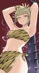  1girl absurdres alternate_costume animal_print armpits arms_up bandeau bare_arms bare_shoulders blonde_hair blunt_bangs boku_no_hero_academia breasts club_(weapon) cowboy_shot fake_horns fengling_(furin-jp) highres horns kanabou midriff navel sarong short_hair sidelocks small_breasts solo standing stomach strapless thighs tiger_print toga_himiko tube_top weapon wristband yellow_eyes 