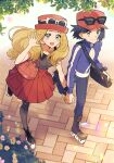  1boy 1girl black_footwear black_hair blue_jacket calem_(pokemon) collarbone commentary eyewear_on_headwear flower full_body grey_eyes hetero highres holding_hands inline_skates jacket light_brown_hair looking_at_viewer mega_ring nai_gai_hongcha pleated_skirt pokemon pokemon_xy red_headwear roller_skates serena_(pokemon) skates skirt sunglasses 