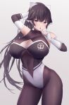  1girl absurdres azur_lane bare_shoulders black_hair bodystocking bow breasts brown_eyes cleavage cleavage_cutout clothing_cutout cowboy_shot elbow_gloves gloves gradient_background grey_background hair_flaps highleg highleg_leotard highres large_breasts leotard logo long_hair looking_at_viewer navel_cutout official_alternate_costume ponytail race_queen solo takao_(azur_lane) takao_(full_throttle_charmer)_(azur_lane) two-tone_gloves two-tone_leotard white_bow white_gloves yuuki_shuri 