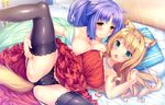  2girls animal_ears blonde_hair blush breasts cameltoe catgirl cinnamon_(sayori) dress game_cg garter_belt green_eyes long_hair maple_(sayori) necklace nekopara panties ponytail purple_hair sayori short_hair spread_legs stockings tail thighhighs underwear yellow_eyes 