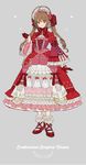  ahoge alternate_costume alternate_hairstyle bad_id bad_twitter_id bangs bonnet bow brown_hair dress eiyuu_densetsu estelle_bright frilled_dress frilled_sleeves frills gloves highres lolita_fashion long_hair looking_at_viewer mary_janes nishihara_isao red_eyes red_gloves ribbon shoes smile solo sora_no_kiseki twintails 