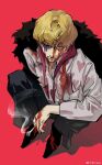  1boy blonde_hair blood blood_on_face cigarette coat coat_on_shoulders donquixote_rocinante emean feather_coat fur_coat heart heart_print highres holding looking_at_viewer makeup male_focus one_eye_closed one_piece shirt smoking solo 