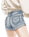  1girl arms_at_sides ass ass_focus blue_shorts brown_sweater denim denim_shorts facing_ahead from_behind legs_apart long_sleeves lower_body mattaku_mousuke original short_shorts shorts signature simple_background solo sweater thighs white_background 
