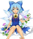  :d barefoot blue_bow blue_dress blue_eyes blue_hair blush bow caramell0501 cirno commentary_request dress flower hair_bow ice ice_wings knees_together_feet_apart looking_at_viewer morning_glory neck_ribbon open_mouth plant puffy_short_sleeves puffy_sleeves red_ribbon ribbon short_hair short_sleeves sitting smile solo sunflower tan tanned_cirno touhou vines wing_collar wings 