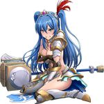  aqua_eyes armor blue_hair blush breasts cleavage covering covering_breasts flower full_body hair_ornament long_hair medium_breasts official_art oshiro_project oshiro_project_re seiza shamakho sitting solo torn_clothes transparent_background twintails very_long_hair yodo_(oshiro_project) 