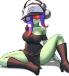  1girl bandaged_arm bandages baseball_cap black_dress black_footwear blue_hair boots breasts cleavage closed_mouth collarbone colored_skin dedf1sh dress full_body gradient_hair green_skin hat headphones_over_headwear highres large_breasts long_hair multicolored_hair octoling off_shoulder pelvic_curtain pero_(pero7762) print_headwear red-tinted_eyewear red_hair sanitized_(splatoon) simple_background single_bare_shoulder solo splatoon_(series) splatoon_3 splatoon_3:_side_order sunglasses sweat tentacle_hair tinted_eyewear two-tone_hair white_background 