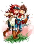  2boys boots brown_hair cheval fingerless_gloves fur gloves grass highres knee_pads long_hair monster_hunter monster_hunter_stories mozuku_(mozukuojisan) multiple_boys red_hair ryuuto_(monster_hunter_stories) short_hair smile 