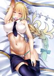  armpits asakura_kukuri bangs bare_shoulders black_legwear black_neckwear blonde_hair blue_eyes blush bow braid breasts commentary_request condom condom_in_mouth condom_wrapper covered_nipples fate/apocrypha fate_(series) flag groin hair_bow highres jeanne_d'arc_(fate) jeanne_d'arc_(fate)_(all) large_breasts long_hair looking_at_viewer lying mouth_hold navel necktie on_back panties panty_pull shirt shirt_lift shorts single_braid sleeveless sleeveless_shirt solo stomach thighhighs underwear very_long_hair white_shirt 