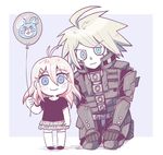  1boy 1girl ahoge android balloon black_shirt blonde_hair blue_eyes child danganronpa duo happy iruma_miu keebo long_hair mecha new_danganronpa_v3 ofuton power_frame robot shirt shoes short_hair silver_hair skirt smile socks 