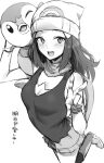  1girl :d absurdres beanie blush boots breasts dawn_(pokemon) foot_out_of_frame from_above greyscale hat highres hotate-chan long_hair looking_at_viewer medium_breasts miniskirt monochrome on_shoulder open_mouth piplup poke_ball_print pokemon pokemon_(creature) pokemon_(game) pokemon_dppt pokemon_on_shoulder scarf simple_background sketch skirt smile solo standing standing_on_one_leg tank_top taut_clothes translated v white_background 