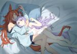  2girls animal_ears bare_shoulders bed_sheet black_bra black_shorts blue_shirt blush bra brown_hair camisole chemise closed_eyes closed_mouth commentary_request hair_down highres horse_ears horse_girl horse_tail hug ikuno_dictus_(umamusume) long_hair looking_at_another lying mejiro_mcqueen_(umamusume) multiple_girls on_back on_side pill purple_eyes purple_hair shirt shorts sinnra_art sleeping smile tail umamusume underwear white_shirt yuri 