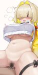  1boy 1girl ahoge blonde_hair blush bottomless breasts colored_inner_hair commentary covered_nipples crop_top crop_top_overhang cropped_sweater elegg_(nikke) fang female_pubic_hair girl_on_top goddess_of_victory:_nikke hair_intakes hair_over_eyes hetero highres lactation lactation_through_clothes large_breasts long_sleeves male_pubic_hair multicolored_hair navel open_mouth pubic_hair purple_eyes rank_alee sex simple_background skin_fang smile solo_focus stomach sweat sweater thigh_strap thighs two-tone_hair underboob vaginal white_background white_sweater 