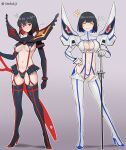  1girl absurdres black_survival blue_hair blush breasts cel_da_lin cleavage clenched_hand colored_inner_hair cosplay eternal_return:_black_survival facing_viewer full_body gloves grey_background grin groin highres junketsu kill_la_kill kiryuuin_satsuki kiryuuin_satsuki_(cosplay) looking_at_viewer matoi_ryuuko matoi_ryuuko_(cosplay) medium_breasts multicolored_hair multiple_views navel outline red_eyes red_hair revealing_clothes scissor_blade_(kill_la_kill) senketsu skirt smile standing stomach suspenders sword teeth weapon white_outline 