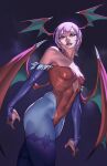  1girl animal_print armpits bare_shoulders bat_print bat_wings blue_pantyhose breasts capcom cleavage clothing_cutout demon_girl diamond_cutout elbow_gloves gloves head_wings highres leotard lilith_aensland lips looking_at_viewer low_wings pantyhose pink_hair print_pantyhose red_leotard rim_jims short_hair small_breasts solo teeth vampire_(game) wings yellow_eyes 
