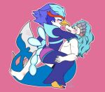 2023 anthro avian barefoot beak blue_body blue_eyes blue_hair clothed clothing digital_drawing_(artwork) digital_media_(artwork) dorvyn_(rhode_arts) duo feathers feet fish_tail generation_7_pokemon generation_9_pokemon hair hi_res male male/male neptune_(rhode_arts) nintendo nude pink_clothing pink_underwear pokemon pokemon_(species) primarina quaquaval serpi_lilo simple_background spirabel star talons toes topless underwear watermark white_body