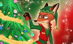  2016 4_fingers anthro bell canine christmas christmas_bauble christmas_decorations christmas_lights christmas_tree clothed clothing costume dipstick_ears disney fox fur furgonomics garland gloves_(marking) green_eyes hat holding_object holidays inner_ear_fluff looking_back male mammal markings name_tag nick_wilde orange_fur purple_nose red_background signature simple_background solo trashasaurusrex tree zootopia 