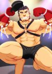  1boy abs absurdres armpit_stubble ass_visible_through_thighs back_hair bara boxers bulge colored_skin double_biceps_pose facial_hair flexing forked_eyebrows fumiya_205 goatee gradient_skin grin hachimaki hairy hat headband highres jewelry large_pectorals long_sideburns looking_at_viewer magatama magatama_necklace male_focus male_underwear mature_male muscular muscular_male mutton_chops navel navel_hair necklace nejiri_hachimaki nipples o-ring o-ring_top one_eye_closed peaked_cap pectorals red_skin short_hair sideburns smile solo sparse_arm_hair sparse_chest_hair sparse_leg_hair sparse_navel_hair squatting stomach strongman_waist tajikarao_(housamo) thick_eyebrows thick_thighs thighs tokyo_afterschool_summoners tusks underwear 