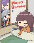  3girls :3 ahoge blue_eyes blunt_bangs blush_stickers braid chibi closed_mouth detached_sleeves futon gift grey_hair hair_down happy_birthday highres indoors kizuna_akari konohoshi layered_sleeves long_hair long_sleeves looking_at_viewer multiple_girls open_door open_mouth orange_pajamas orange_sleeves pajamas pink_eyes purple_hair rubbing_eyes short_over_long_sleeves short_sleeves smile tatami touhoku_kiritan under_covers unworn_headgear vocaloid voiceroid yuzuki_yukari 