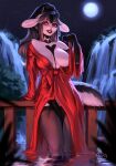 annham anthro black_hair bovid bovine breasts cattle clothing female front_view hair hi_res horn invalid_tag mammal moon multicolored_body multicolored_tail nature nature_background non-mammal_breasts pinup pose red_eyes robe solo solo_focus tail water wood