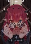  1girl black_nails blue_eyes braid coke-bottle_glasses glasses heterochromia highres hololive hololive_english horns irys_(gaming_casual)_(hololive) irys_(hololive) looking_at_viewer mochiyuki_(gigfor1) nail_polish piercing pointy_ears red_eyes red_hair saliva school_uniform serafuku solo tongue tongue_out tongue_piercing twin_braids upper_body virtual_youtuber 