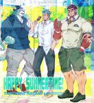  3boys alternate_costume bara colored_skin contemporary cup disposable_cup ears_through_headwear facial_hair food forked_eyebrows furry furry_male goatee gradient_skin hachimaki headband highres ice_cream large_pectorals long_sideburns male_focus mature_male multiple_boys muscular muscular_male mutton_chops nejiri_hachimaki oguchi_magami pectorals polo_shirt red_skin sakimori_toji short_hair shorts sideburns sparse_arm_hair sparse_leg_hair standing summer tajikarao_(housamo) thick_eyebrows tokyo_afterschool_summoners tusks yoshiyuki_(nein69yoshiyuki) 