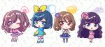  4girls :d :o black_hair blue_eyes blue_hair blue_jacket blue_skirt blunt_bangs bow bowl bread brown_hair chibi closed_mouth cosplay crossed_arms delicious_party_precure dress flower food full_body fuwa_kokone hair_bow hair_flower hair_ornament hair_rings hanamichi_ran hanazono_shuka hanazono_shuka_(cosplay) hand_up hands_up highres hood hood_down jacket kasai_amane koda_michiru koda_michiru_(cosplay) kokichi_yoko long_hair long_sleeves looking_at_viewer multiple_girls nagomi_yui nijiiro_nino nijiiro_nino_(cosplay) onigiri open_mouth own_hands_together pink_bow pink_dress pink_jacket precure purple_eyes purple_flower purple_skirt shoes short_hair skirt smile standing star_(symbol) star_hair_ornament two_side_up wavy_hair yellow_bow yumekawa_yui yumekawa_yui_(cosplay) 