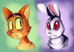 2017 8-bit-britt black_body black_ears black_eyes black_fur bunnicula bunnicula_(series) bust_portrait chester_(bunnicula) digital_media_(artwork) domestic_cat duo fangs felid feline felis feral fur green_sclera hi_res lagomorph leporid long_ears looking_away male mammal multicolored_body multicolored_fur orange_body orange_ears orange_fur pink_nose portrait rabbit red_eyes red_sclera sharp_teeth teeth three-quarter_view two_tone_body two_tone_fur vampire whiskers white_body white_fur