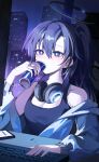  1girl black_tank_top blue_archive blue_jacket blush breasts can cellphone cleavage hair_between_eyes halo headphones headphones_around_neck highres holding holding_can indoors jacket keyboard_(computer) kkubuk92 large_breasts long_hair long_sleeves looking_at_viewer mechanical_halo open_clothes open_jacket phone purple_eyes purple_hair smartphone solo tank_top yuuka_(blue_archive) 
