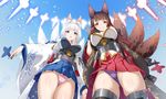 :d akagi_(azur_lane) animal_ears ass_visible_through_thighs azur_lane bangs between_fingers blue_eyes blue_skirt blue_sky blunt_bangs blush bob_cut breasts brown_hair cameltoe corset day fox_ears fox_tail from_below glowing grin hair_ornament hairclip hand_on_own_chest highres holding japanese_clothes kaga_(azur_lane) kimono kitsune large_breasts light_particles long_hair long_sleeves looking_at_viewer looking_down miniskirt multiple_girls open_mouth outdoors panties pantyshot pantyshot_(standing) parted_lips pink_panties pleated_skirt purple_panties red_eyes red_skirt saruchitan shikigami silver_hair skindentation skirt sky smile standing tail teeth thighs underboob underbust underwear very_long_hair white_kimono wide_sleeves 