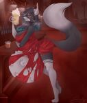 alcohol bar belly beverage big_belly blue_highlights blue_lips canid canine canis clothing domestic_dog domla dress female fur grey_body grey_fur hair hi_res highlights_(coloring) kerris_doka lips mammal solo teasing vore yellow_eyes