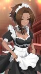  1girl absurdres black_ribbon blurry blurry_background borrowed_character breasts brown_eyes brown_hair cleavage commission dark-skinned_female dark_skin dress frilled_dress frills highres k_(art71) lace_trim maid maid_headdress neck_ribbon original puffy_short_sleeves puffy_sleeves ribbon short_hair short_sleeves skeb_commission skirt_hold solo thank_you twitter_username 