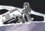  1girl absurdres animal_ears blue_pants brown_hair car_crash censored dog_ears dog_girl dog_tail guard_rail highres honda honda_integra identity_censor inui_toko long_hair looking_at_viewer low_twintails meme nijisanji pants r32_crash_photo_(meme) shoes sketch smile sneakers solo tail timestamp twintails very_long_hair virtual_youtuber waju220 white_footwear 