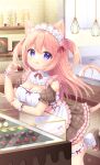  1girl :p animal_ear_fluff animal_ears apron blurry blurry_background blush breasts brick_wall brown_footwear brown_skirt candy cat_ears chocolate cleavage commentary_request depth_of_field food frilled_apron frilled_skirt frilled_socks frills hair_between_eyes heart heart-shaped_chocolate highres holding holding_food indoors long_hair looking_at_viewer medium_breasts original pink_hair puffy_short_sleeves puffy_sleeves purple_eyes ryuuka_sane shirt shoes short_sleeves skirt socks solo standing standing_on_one_leg tongue tongue_out two_side_up very_long_hair waist_apron white_apron white_shirt white_socks 