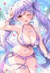  1girl ;d arm_at_side bikini blurry blurry_background blush bracelet breasts cleavage collarbone cowboy_shot day foot_up frilled_bikini frills hair_intakes hair_ribbon hand_up highres horizon huge_breasts jewelry kouta. legs_together nail_polish navel one_eye_closed open_mouth original outdoors purple_bikini purple_hair purple_nails purple_ribbon ribbon sandals scrunchie side-tie_bikini_bottom smile solo stomach string_bikini striped_bikini striped_clothes swimsuit teeth thick_thighs thighs twintails upper_teeth_only w wrist_scrunchie yellow_eyes 