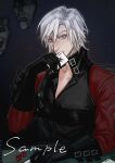  1boy absurdres black_gloves blue_eyes dante_(devil_may_cry) devil_may_cry_(series) devil_may_cry_2 gloves highres holding male_focus qmyyz solo white_hair 