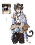  1boy absurdres animal_ears animal_hands baggy_pants bandaid bandaid_on_face bandaid_on_hand barefoot blue_cloak bowl box brown_eyes brown_pants cardboard_box cat_boy cat_ears cat_feet cat_paws cat_tail cloak coin extra_ears grey_shirt highres messy_hair ohw8g original oversized_clothes pants pet_bowl pointy_ears shirt sleepy tail white_background 