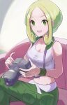  1girl artist_name bare_arms bare_shoulders blonde_hair breasts camera capri_pants cleavage collarbone crop_top curtained_hair dusk_poke27 green_eyes green_pants green_wristband highres holding holding_camera large_breasts midriff pants photographer pokemon pokemon_xy shirt signature sleeveless sleeveless_shirt solo tank_top viola_(pokemon) white_tank_top 