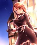  breasts brown_eyes brown_hair coat commentary_request cowboy_shot gloves hair_between_eyes hand_up heterochromia highres large_breasts long_sleeves looking_at_viewer neit_ni_sei night night_sky original pointy_ears scarf sky smile snowing solo standing thighhighs window 
