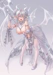  1girl absurdres between_breasts breasts cleavage commission demon_girl demon_horns demon_wings dress duel_monster gloves grey_eyes highres horns large_breasts looking_at_viewer lovely_labrynth_of_the_silver_castle low_wings pixiv_commission pointy_ears silentcity smile solo transparent_wings twintails white_hair white_horns wings yu-gi-oh! 